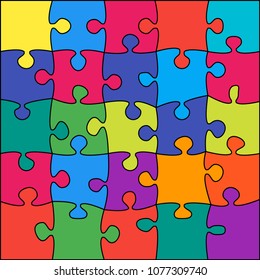 Puzzle background, banner, blank. Vector jigsaw section template. Background with 25 colorful puzzle frame separate pieces, mosaic, details, tiles, parts. Square abstract jigsaw. Game group detail.