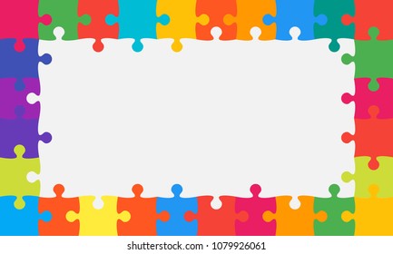 Puzzle background, banner, blank. Vector jigsaw section template. Background with colorful puzzle frame separate pieces, mosaic, details, tiles, parts. Rectangle abstract jigsaw. Game group detail.