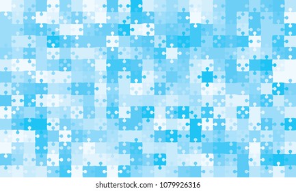 Puzzle background, banner, blank. Vector jigsaw section template. Background with puzzle 375 blue separate pieces, mosaic, details, tiles, parts. Rectangle outline abstract jigsaw. Game group detail.