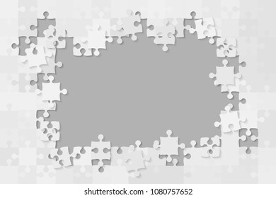 Puzzle background, banner, blank. Vector jigsaw section template. Background with grey puzzle frame separate pieces, mosaic, details, tiles, parts. Rectangle abstract jigsaw. Game group detail.