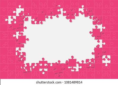 Puzzle background, banner, blank. Vector jigsaw section template. Background with pink puzzle frame separate pieces, mosaic, details, tiles, parts. Rectangle abstract jigsaw. Game group detail.