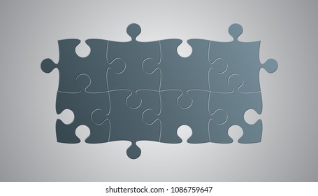 Puzzle background, banner, blank. Vector jigsaw section template. Background with puzzle 8 grey separate pieces, mosaic, details, tiles, parts. Rectangle outline abstract jigsaw. Game group detail.