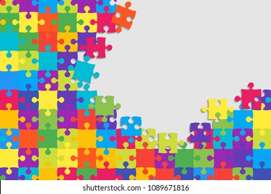 Puzzle background, banner, blank. Vector jigsaw section template. Background with colorful puzzle frame separate pieces, mosaic, details, tiles, parts. Rectangle abstract jigsaw. Game group detail.