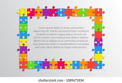 Puzzle background, banner, blank. Vector jigsaw section template. Background with colorful puzzle frame separate pieces, mosaic, details, tiles, parts. Rectangle abstract jigsaw. Game group detail.