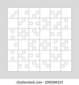 Puzzle background, banner, blank. Vector jigsaw section template. Background with puzzle 36 white separate pieces, mosaic, details, tiles, parts. Square outline abstract jigsaw. Game group detail.