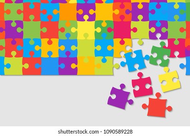 Puzzle background, banner, blank. Vector jigsaw section template. Background with colorful puzzle frame separate pieces, mosaic, details, tiles, parts. Rectangle abstract jigsaw. Game group detail.