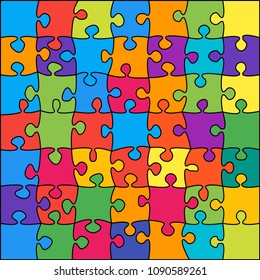 Puzzle background, banner, blank. Vector jigsaw section template. Background with 49 colorful puzzle frame separate pieces, mosaic, details, tiles, parts. Square abstract jigsaw. Game group detail.