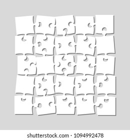 Puzzle background, banner, blank. Vector jigsaw section template. Grey background with puzzle 25 white scattered pieces, mosaic, details, tiles, parts. Abstract jigsaw. Game group scatter details.