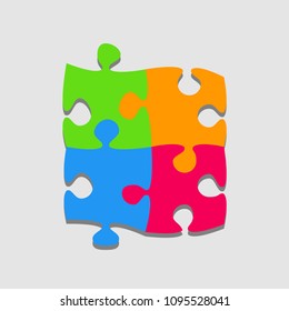 Puzzle background, banner, blank. Vector jigsaw section template. Background with 4 colorful puzzle frame separate pieces, mosaic, details, tiles, parts. Square abstract jigsaw. Game group detail.