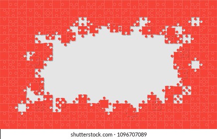 Puzzle background, banner, blank. Vector jigsaw section template. Background with red puzzle frame separate pieces, mosaic, details, tiles, parts. Rectangle abstract jigsaw. Game group detail.