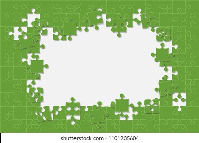 Puzzle background, banner, blank. Vector jigsaw section template. Background with green puzzle frame separate pieces, mosaic, details, tiles, parts. Rectangle abstract jigsaw. Game group detail.