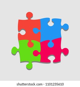 Puzzle background, banner, blank. Vector jigsaw section template. Background with 4 colorful puzzle frame separate pieces, mosaic, details, tiles, parts. Square abstract jigsaw. Game group detail.
