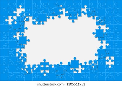 Puzzle background, banner, blank. Vector jigsaw section template. Background with blue puzzle frame separate pieces, mosaic, details, tiles, parts. Rectangle abstract jigsaw. Game group detail.