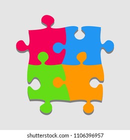 Puzzle background, banner, blank. Vector jigsaw section template. Background with 4 colorful puzzle frame separate pieces, mosaic, details, tiles, parts. Square abstract jigsaw. Game group detail.