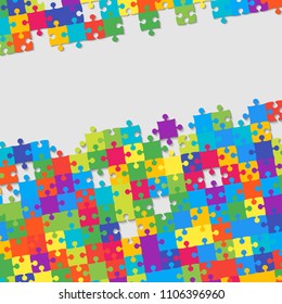 Puzzle background, banner, blank. Vector jigsaw section template. Background with colorful puzzle frame separate pieces, mosaic, details, tiles, parts. Square abstract jigsaw. Game group detail.