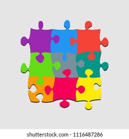 Puzzle background, banner, blank. Vector jigsaw section template. Background with 9 colorful puzzle frame separate pieces, mosaic, details, tiles, parts. Square abstract jigsaw. Game group detail.