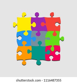 Puzzle background, banner, blank. Vector jigsaw section template. Background with 9 colorful puzzle frame separate pieces, mosaic, details, tiles, parts. Square abstract jigsaw. Game group detail.