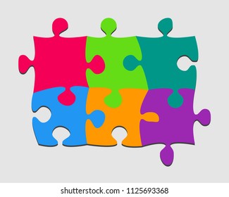 Puzzle background, banner, blank. Vector jigsaw section template. Background with 6 colorful puzzle frame separate pieces, mosaic, details, tiles, parts. Square abstract jigsaw. Game group detail.