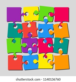 Puzzle background, banner, blank. Vector jigsaw section template. Grey background with puzzle 16 color scattered pieces, mosaic, details, tiles, parts. Abstract jigsaw. Game group scatter details.