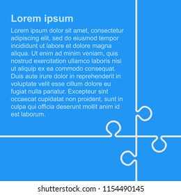 Puzzle background, banner, blank. Vector jigsaw section template. Background with puzzle 4 blue separate pieces mosaic, details, tiles, parts. Square info graphic jigsaw. Game group detail.