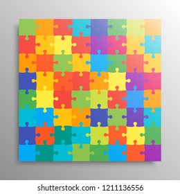 Puzzle background, banner, blank. Vector jigsaw section template. Background with 64 colorful puzzle frame separate pieces, mosaic, details, tiles, parts. Square abstract jigsaw. Game group detail.