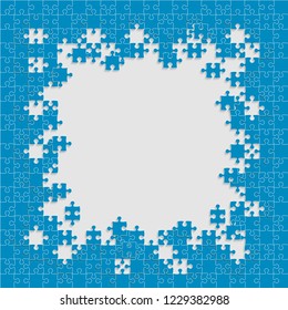 Puzzle background, banner, blank. Vector jigsaw section template. Background with blue puzzle frame separate pieces, mosaic, details, tiles, parts. Square abstract jigsaw. Game group detail.