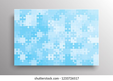 Puzzle background, banner, blank. Vector jigsaw section template. Background with puzzle blue separate pieces, mosaic, details, tiles, parts. Rectangle outline abstract jigsaw. Game group detail.