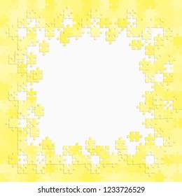 Puzzle background, banner, blank. Vector jigsaw section template. Background with yellow
 puzzle frame separate pieces, mosaic, details, tiles, parts. Square abstract jigsaw. Game group detail.