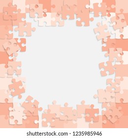 Puzzle background, banner, blank. Vector jigsaw section template. Background with red puzzle frame separate pieces, mosaic, details, tiles, parts. Square abstract jigsaw. Game group detail.