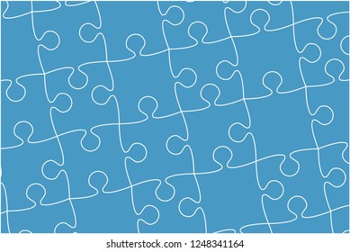 Puzzle background, banner, blank. Vector jigsaw section template. Background with puzzle blue separate pieces, mosaic, details, tiles, parts. Rectangle outline abstract jigsaw. Game group detail.