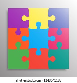 Puzzle background, banner, blank. Vector jigsaw section template. Background with 9 colorful puzzle frame separate pieces, mosaic, details, tiles, parts. Square abstract jigsaw. Game group detail.