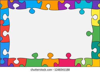 Puzzle background, banner, blank. Vector jigsaw section template. Background with colorful puzzle frame separate pieces, mosaic, details, tiles, parts. Rectangle abstract jigsaw. Game group detail.