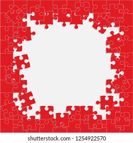 Puzzle background, banner, blank. Vector jigsaw section template. Background with red puzzle frame separate pieces, mosaic, details, tiles, parts. Square abstract jigsaw. Game group detail.