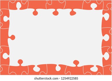 Puzzle background, banner, blank. Vector jigsaw section template. Background with red puzzle frame separate pieces, mosaic, details, tiles, parts. Rectangle abstract jigsaw. Game group detail.