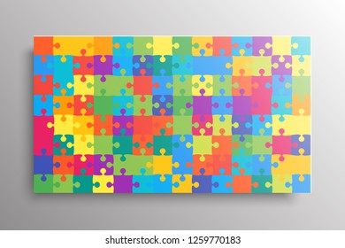 Puzzle background, banner, blank. Vector jigsaw section template. Background with 112 colorful puzzle frame separate pieces, mosaic, details, tiles, parts. Rectange abstract jigsaw. Game group detail.