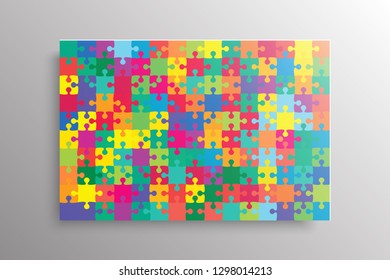 Puzzle background, banner, blank. Vector jigsaw section template. Background with 150 colorful puzzle frame separate pieces, mosaic, details, tiles, parts. Rectange abstract jigsaw. Game group detail.