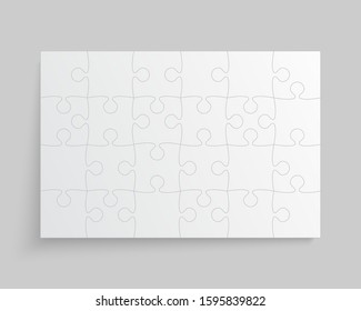 Puzzle background, banner, blank. Vector jigsaw section template. Background with white puzzle frame 24 separate pieces, mosaic, details, tiles, parts. Rectangle abstract jigsaw. Game group detail.