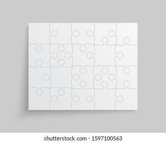 Puzzle background, banner, blank. Vector jigsaw section template. Background with white puzzle frame 20 separate pieces, mosaic, details, tiles, parts. Rectangle abstract jigsaw. Game group detail.