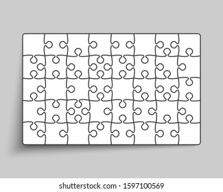 Puzzle background, banner, blank. Vector jigsaw section template. Background with white puzzle frame 40 separate pieces, mosaic, details, tiles, parts. Rectangle abstract jigsaw. Game group detail.