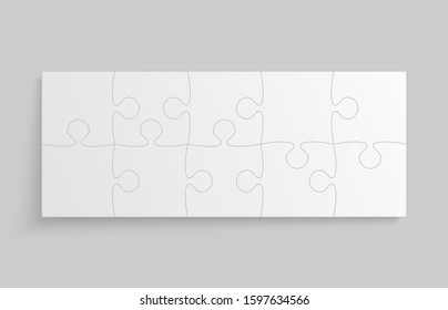 Puzzle background, banner, blank. Vector jigsaw section template. Background with white puzzle frame 10 separate pieces, mosaic, details, tiles, parts. Rectangle abstract jigsaw. Game group detail.