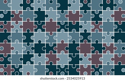 Puzzle background, banner, blank. Vector jigsaw section template. Background with puzzle 150 color separate pieces, mosaic, details, tiles, parts. Rectangle outline abstract jigsaw. Game group detail.