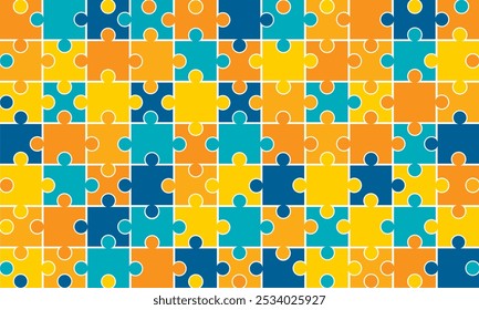 Puzzle background, banner, blank. Vector jigsaw section template. Background with puzzle 150 color separate pieces, mosaic, details, tiles, parts. Rectangle outline abstract jigsaw. Game group detail.