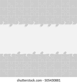 Puzzle background, banner, blank. Vector jigsaw section template. Background with puzzle frame grey separate pieces, mosaic, details, tiles, parts. Square outline abstract jigsaw. Game group detail.