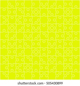 Puzzle background, banner, blank. Vector jigsaw section template. Background with puzzle 100 yellow separate pieces, mosaic, details, tiles, parts. Square outline abstract jigsaw. Game group detail.