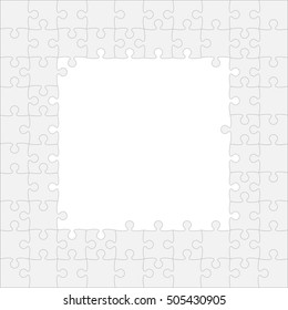 Puzzle background, banner, blank. Vector jigsaw section template. Background with puzzle frame grey separate pieces, mosaic, details, tiles, parts. Square outline abstract jigsaw. Game group detail.