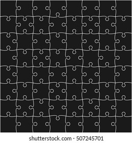 Puzzle background, banner, blank. Vector jigsaw section template. Background with puzzle 64 black separate pieces, mosaic, details, tiles, parts. Square outline abstract jigsaw. Game group detail.