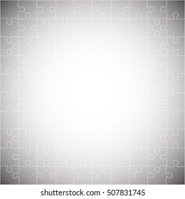 Puzzle background, banner, blank. Vector jigsaw section template. Background with puzzle 100 grey separate pieces, mosaic, details, tiles, parts. Square outline abstract jigsaw. Game group detail.
