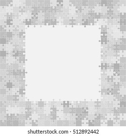 Puzzle background, banner, blank. Vector jigsaw section template. Background with puzzle frame grey separate pieces, mosaic, details, tiles, parts. Square outline abstract jigsaw. Game group detail.