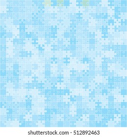 Puzzle background, banner, blank. Vector jigsaw section template. Background with puzzle 400 blue separate pieces, mosaic, details, tiles, parts. Square outline abstract jigsaw. Game group detail.