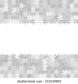 Puzzle background, banner, blank. Vector jigsaw section template. Background with puzzle frame grey separate pieces, mosaic, details, tiles, parts. Square outline abstract jigsaw. Game group detail.